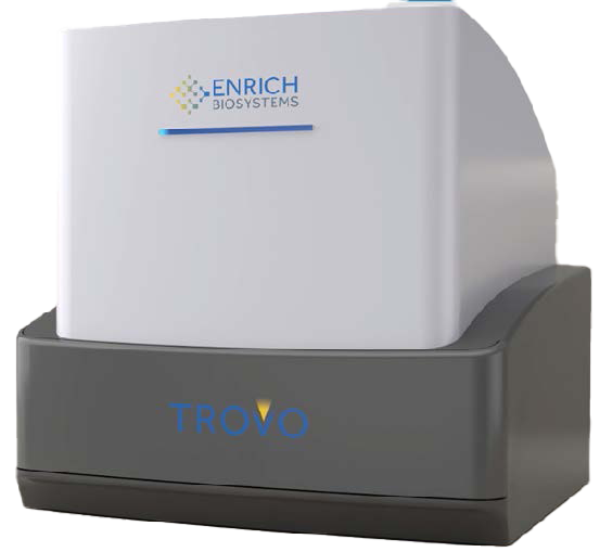 The image shows an Enrich Biosystems machine labeled "Trovo". It appears to be a piece of laboratory or scientific equipment. The Enrich Biosystems logo and branding are prominently displayed on the front of the machine.